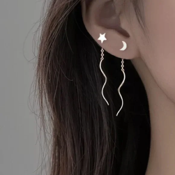 Sterling Silver 925 Star Moon Drop Earrings - Picture 4 of 4